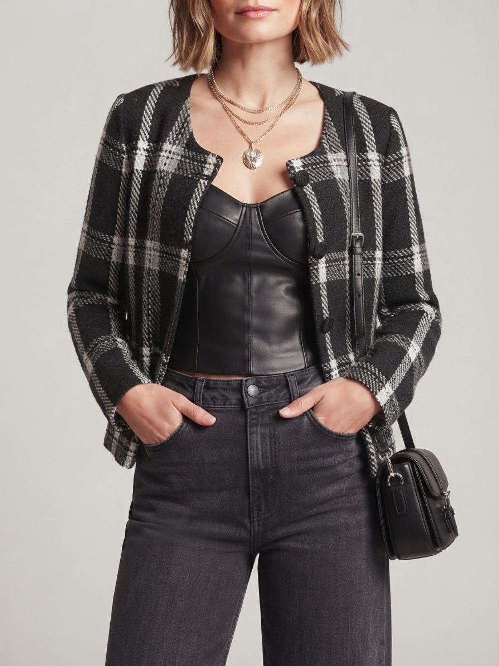 Merona Black White Plaid Tweed Jacket Blazer Coat Size M Office Siren Chic